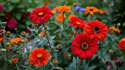 Vibrant Red Zinnias Blooming in a Lush Garden, Perfect for Home Decor or Wall Art