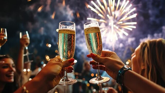 A fun New Year's Eve countdown party with colorful fireworks lighting up the night sky