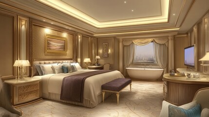 Luxurious and Elegant Hotel Bedroom Interior Design with Amenities