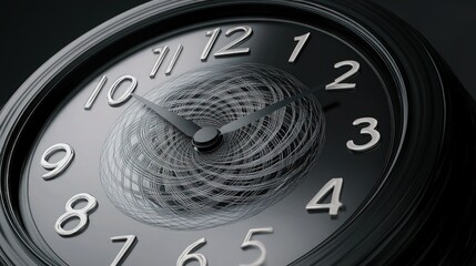 An abstract banner design featuring a black clock face spiraling into infinity. The clock  numbers and hands form a fractal pattern, symbolizing time's endless flow and cyclical nature.