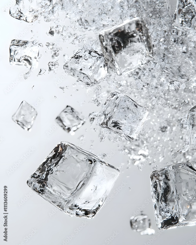 Poster a dynamic splash of ice cubes with bubbles, showcasing refreshment and coolness.