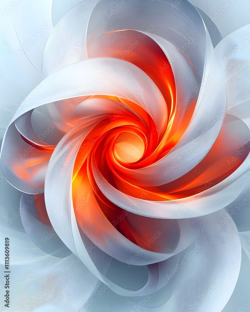 Poster a vibrant abstract swirl of white and red tones, creating a dynamic spiral effect that conveys energ