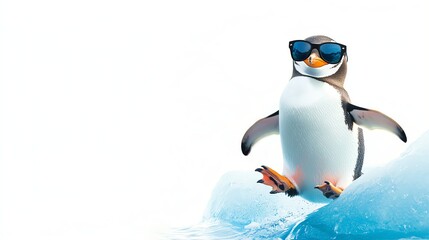 Obraz premium A penguin wearing sunglasses walks across a piece of ice.