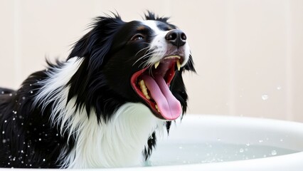 Energetic Black and White Border Collie Playing in Water, Perfect for Pet Lovers and Dog Enthusiasts