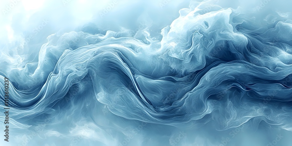 Poster a mesmerizing abstract artwork showcasing flowing waves of soft blue and white hues, creating a sens