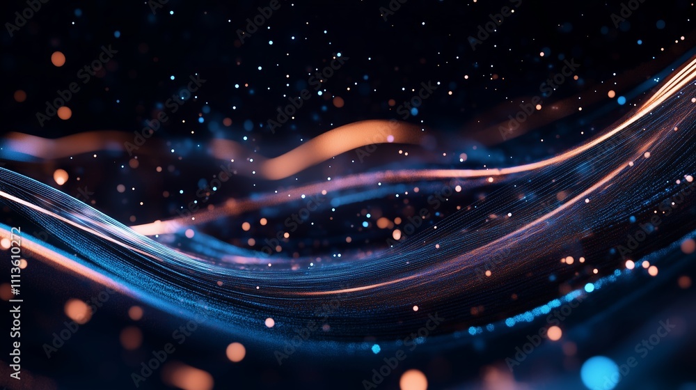 Poster dynamic light trails and glowing particles create a mesmerizing visual effect in a dark background