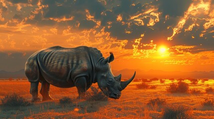 Fototapeta premium A rhinoceros grazing in a vibrant sunset landscape.