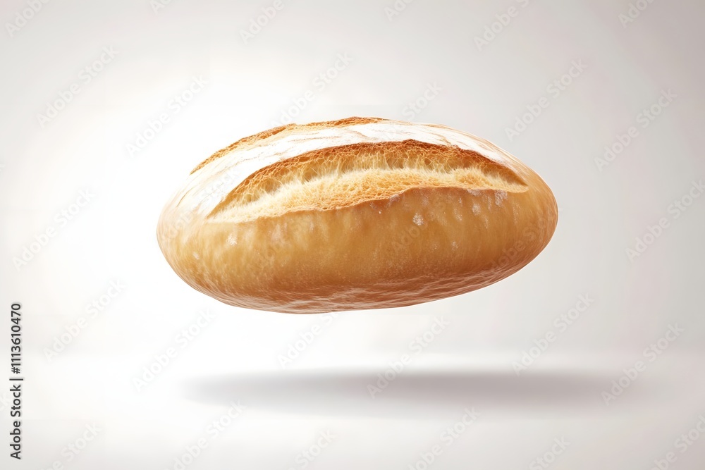 Poster a floating bread roll with a golden crust against a light background.