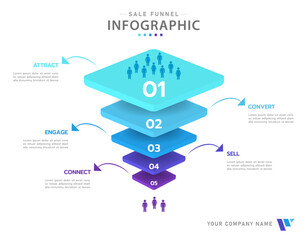 Infographic template for business. 5 Level Modern Sales funnel diagram, presentation vector infographic.