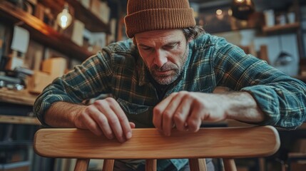 Skilled Craftsman Focused on Woodworking in Rustic Workshop with Warm Lighting and Tools