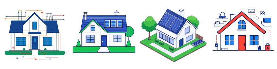 Sustainable and modern residential homes with solar panels on the rooftops and lush landscaping in a well designed suburban community showcasing energy efficient and eco friendly living
