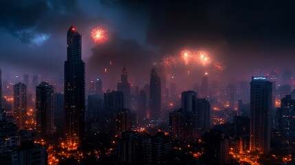 Fototapeta premium City skyline at night with fireworks display in a misty atmosphere.