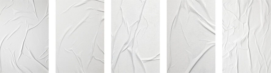 white crumpled and creased glued mockup paper poster template set isolated on black background