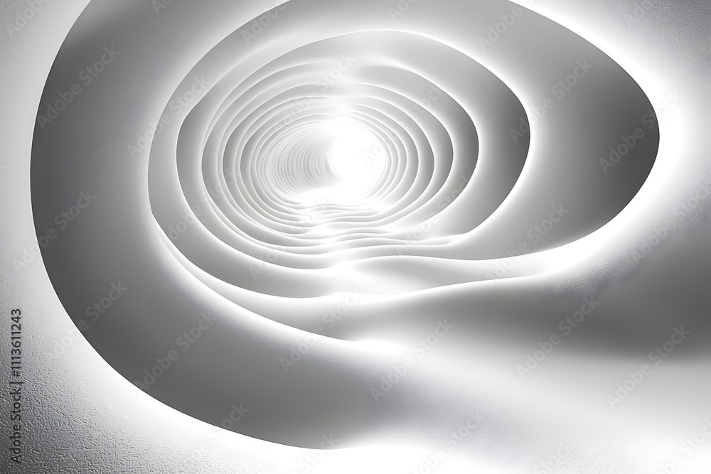 Poster a mesmerizing abstract design featuring a spiral of soft white curves leading to a bright light, evo