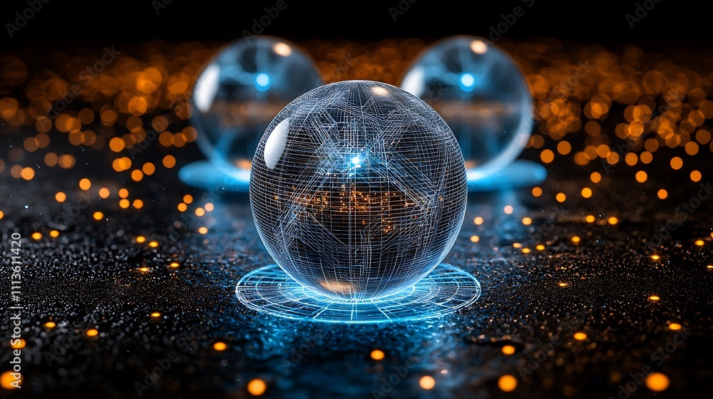 Poster glowing crystal spheres with intricate network patterns, futuristic technology concept.