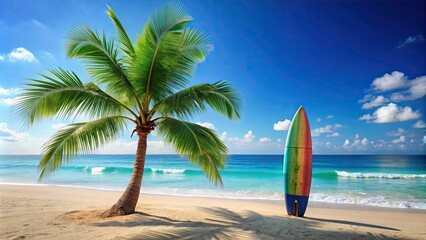 Palm tree and colorful surfboard on a beautiful beach with blue sky and azure sea, tropical, paradise, vacation, relaxation, seaside