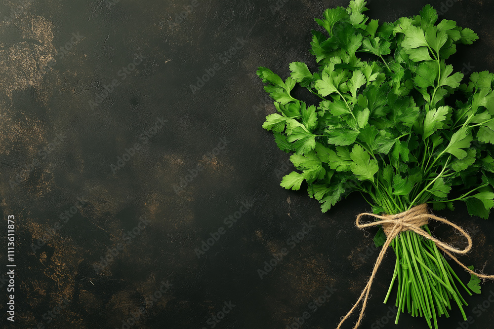Poster fresh herbs like basil, cilantro, and parsley tied together with twine on a rustic surface.