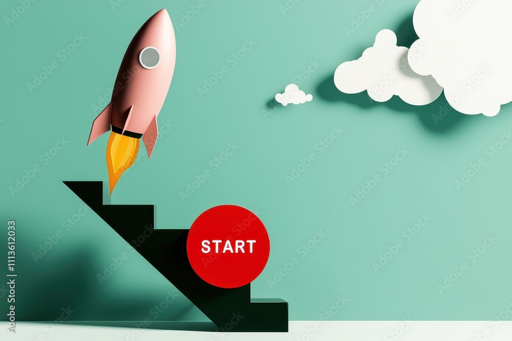 Poster creativity initiative experiment concept. a rocket launching from stairs with a start button, symbol