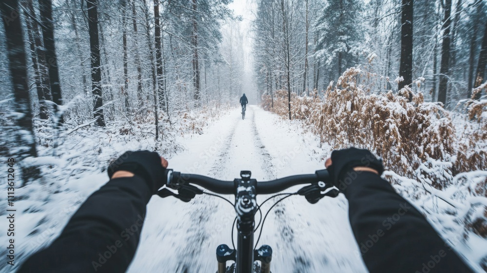 Poster a cyclist navigates a snow-covered pathway surrounded by tall trees and frost-laden foliage. the sce
