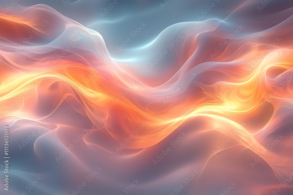 Poster an abstract representation of flowing energy, featuring smooth, wavy patterns in warm orange and coo