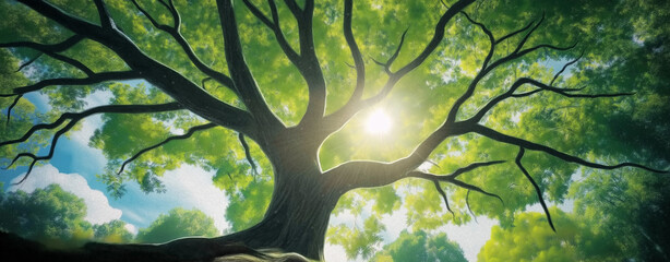 A towering tree stands tall against a clear blue sky, its branches reaching out like outstretched arms. Sunlight filters through the dense canopy, casting dappled shadows on the forest floor, nature, 