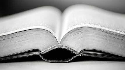 An open book with visible pages, showcasing its texture and depth in a monochromatic style.