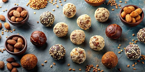 Fototapeta premium Homemade vegan raw truffles, energy balls with dates, nuts, and oats. Top view, vegan, raw, truffles, energy balls, dates, nuts