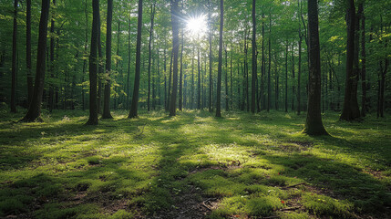 Obraz premium Sunlight Filtering Through Lush Green Forest Canopy Illuminating Tranquil Woodland Floor and Creating Serene Nature Scene in Early Morning
