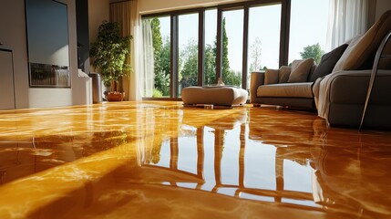 Shiny golden epoxy floor in modern living room. Illustrates luxurious, modern home design and high-gloss flooring.