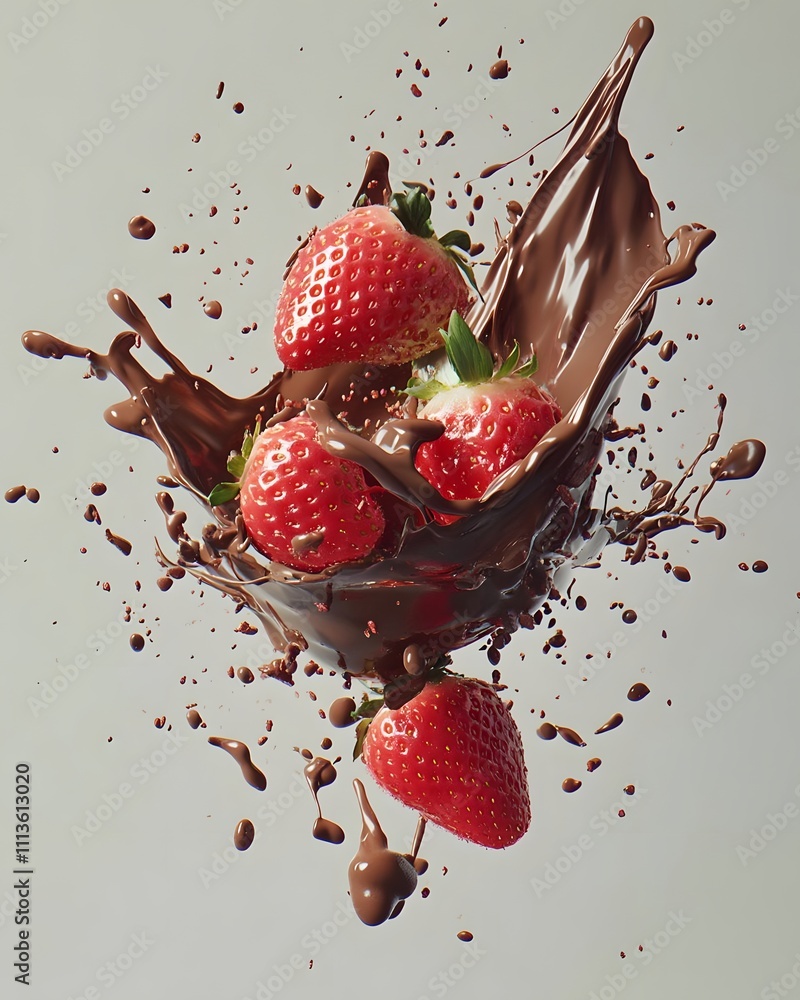 Poster fresh strawberries splashing into rich chocolate, creating a dynamic and appetizing scene.