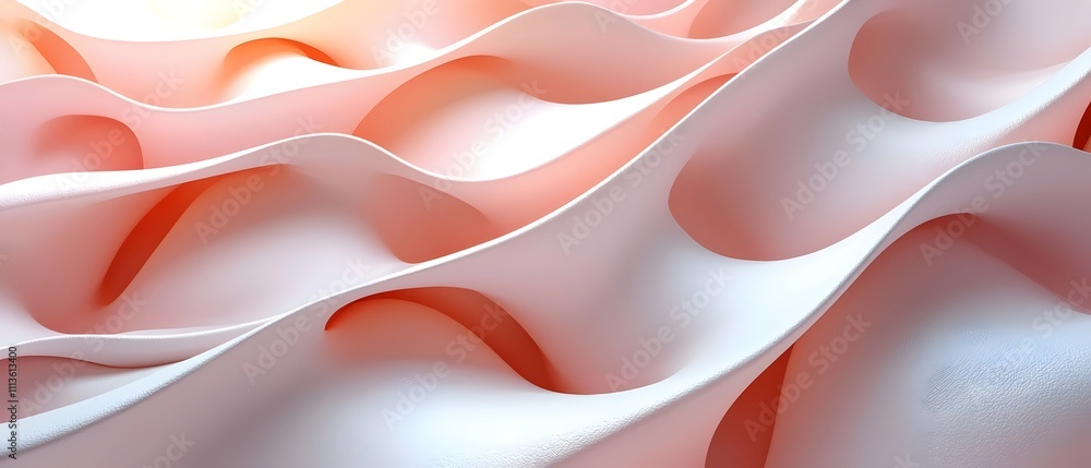Poster an abstract composition featuring gently flowing waves in soft pastel shades of pink and white, crea