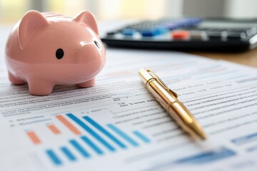 Pink piggy bank sits on financial documents with a gold pen. Illustrates saving, budgeting, and financial planning concepts.