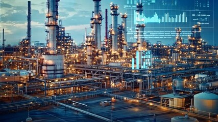 A large industrial complex with factories and warehouses, overlaid with digital graphs showing production output, energy consumption, and efficiency metrics displayed in real-time on a control screen. - Powered by Adobe