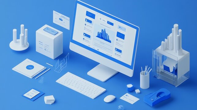 Modern workspace, 3D render, white devices, blue background, isometric view, business tools, productivity, organized, technology, digital design. - Powered by Adobe