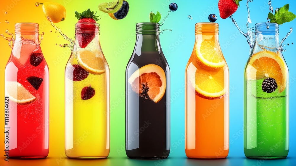 Poster row of colorful bottles of fruit juice. the bottles are arranged in a row and are filled with differ