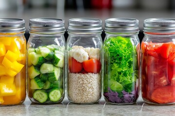 A series of mason jars filled with healthy meal preps: grains, veggies, and lean proteins.