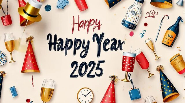  Festive Illustration of a new year's celebration with party hats, champagne flutes, and confetti surrounding the text "Happy New Year 2025" .