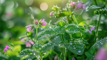 Transparent dew drops on green leaves and petals of spring flowers on a sunny morning, background with soft bokeh