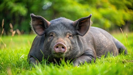 Fototapeta premium Black pig peacefully resting on lush green grass, pig, black, grass, green, farm, animal, livestock, nature, field