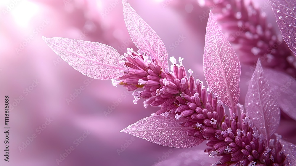 Poster close-up of vibrant purple flower with delicate petals and droplets, creating a serene and refreshin