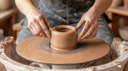 Homemade and craft original, A person shaping clay on a pottery wheel, demonstrating the art of ceramics and handcrafting.