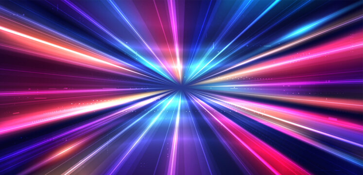 Abstract high-speed movement background. Laser beams luminous. Dynamic light trails with motion blur effect on dark background. Futuristic, technology pattern for banner or poster design.