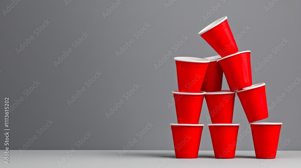 Poster stack of red cups on a table. the cups are stacked in a pyramid shape. the image has a playful and f