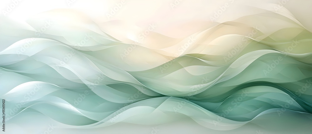 Poster a beautiful, abstract wave pattern featuring soft hues of green and white, creating a serene and cal