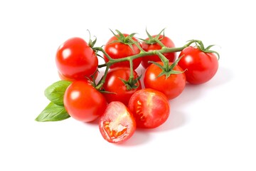 Bunch of fresh red tomatoes on white background, top view