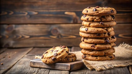 Chocolate chip cookies arranged in a stack on a rustic wooden board, chocolate chip, cookies, stack, dessert, homemade, delicious