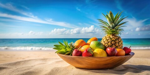 Tropical fruits displayed in a bowl on a sandy beach , tropical, fruit, bowl, sea, beach, exotic, summer, vacation, healthy