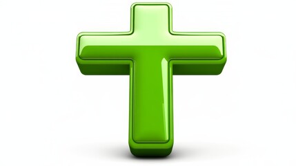 Fototapeta premium Glossy Green Cross Symbol on Clean White Background for Spiritual Designs - Minimalist 3D Icon of Faith and Purity, Reflective Surface, Religious Emblems, Monochrome Composition