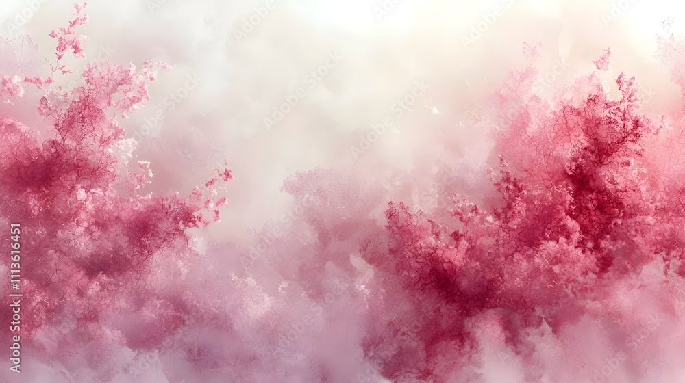 Poster a serene abstract composition featuring soft pink and blush hues, creating a cloud-like pattern that