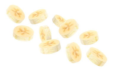 Banana background. Flying peeled banana slices. Unfocused and blurry effect. Can be used for wallpaper, banner, poster, print, fabric, wrapping paper. Realistic 3d vector illustration